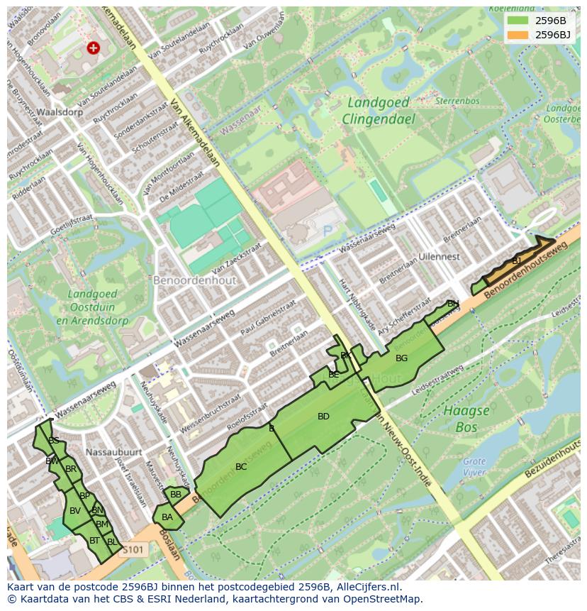 Afbeelding van het postcodegebied 2596 BJ op de kaart.
