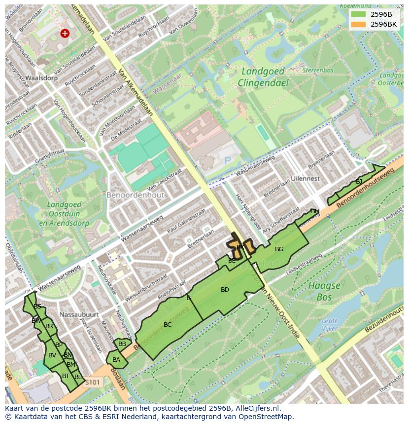 Afbeelding van het postcodegebied 2596 BK op de kaart.