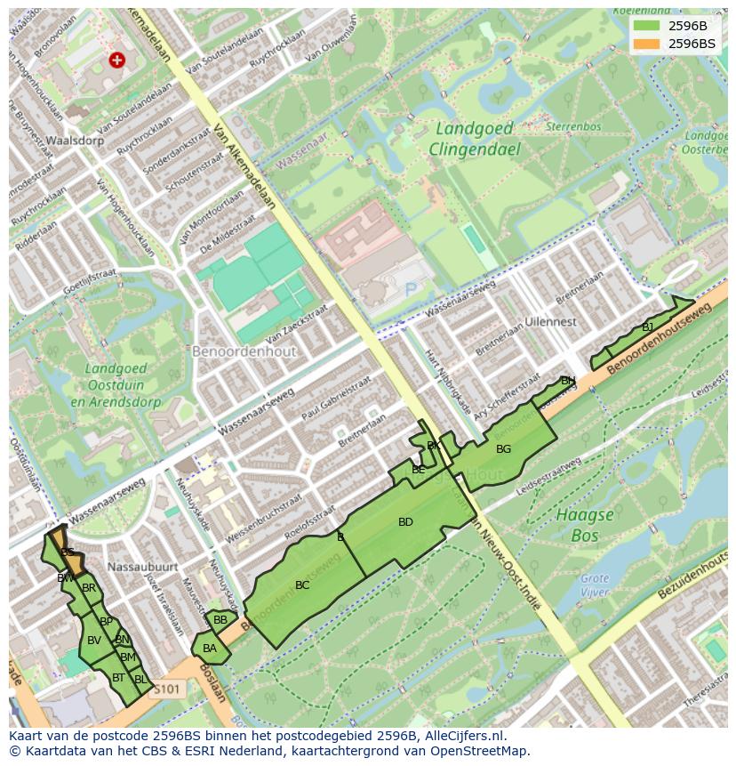 Afbeelding van het postcodegebied 2596 BS op de kaart.