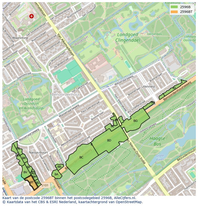 Afbeelding van het postcodegebied 2596 BT op de kaart.