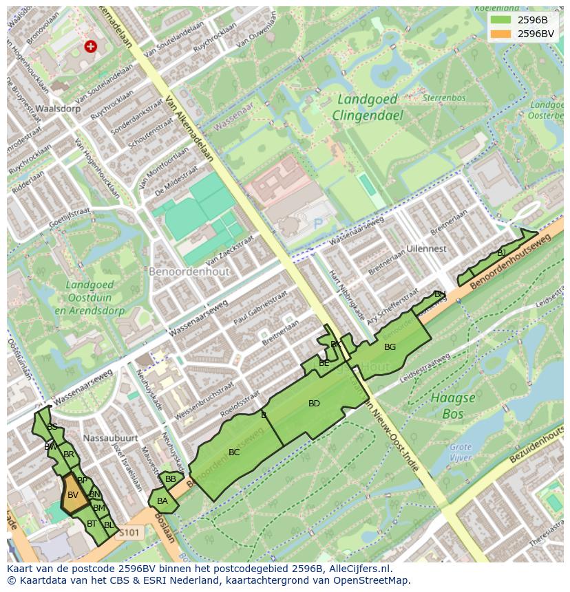 Afbeelding van het postcodegebied 2596 BV op de kaart.