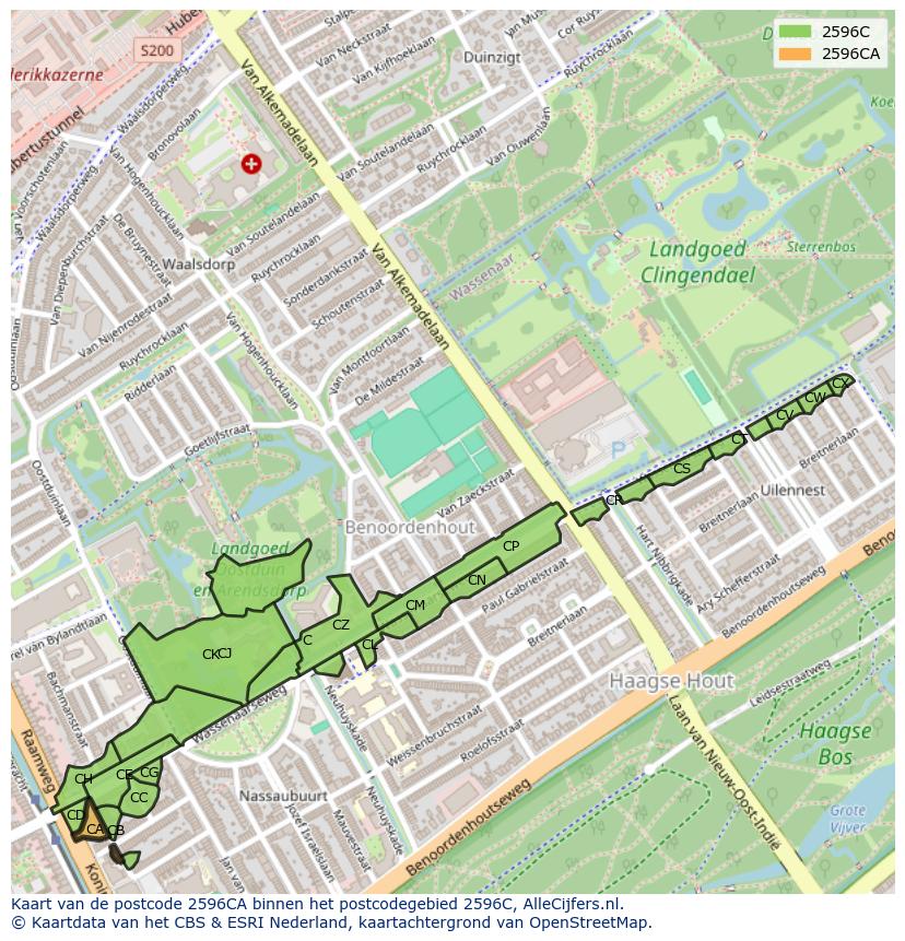 Afbeelding van het postcodegebied 2596 CA op de kaart.