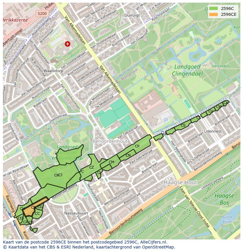 Afbeelding van het postcodegebied 2596 CE op de kaart.