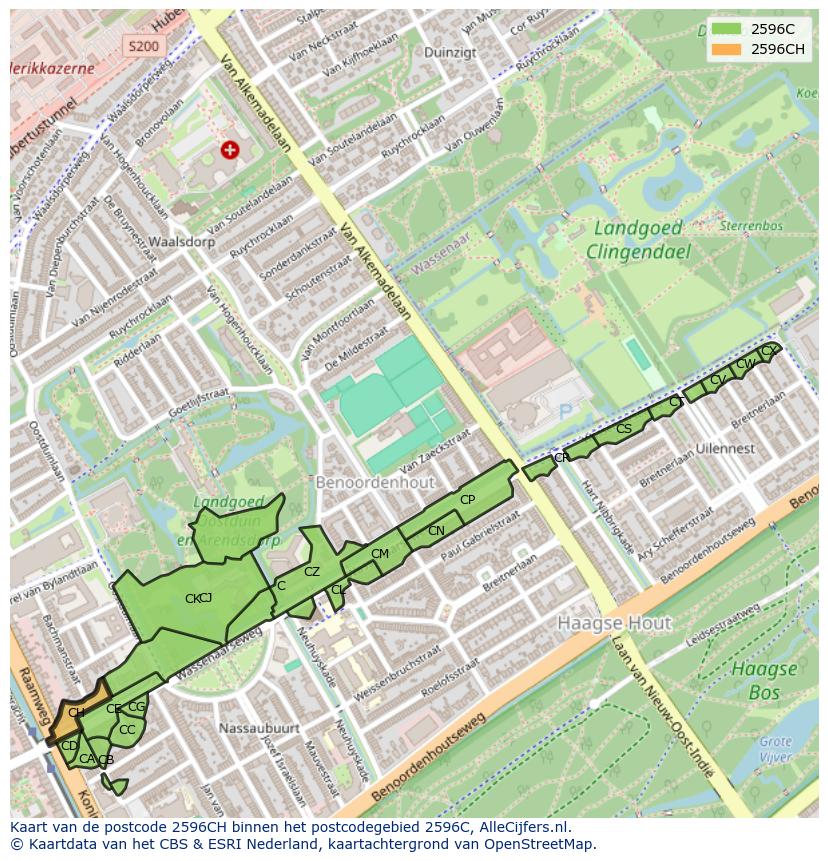Afbeelding van het postcodegebied 2596 CH op de kaart.