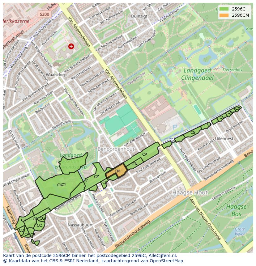 Afbeelding van het postcodegebied 2596 CM op de kaart.