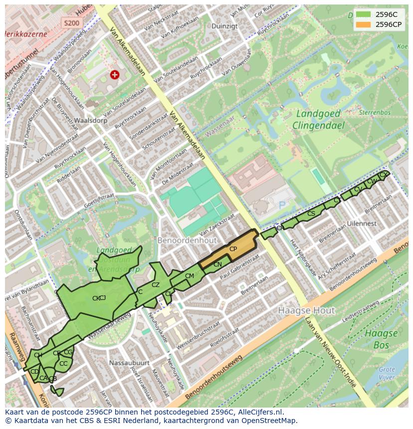 Afbeelding van het postcodegebied 2596 CP op de kaart.