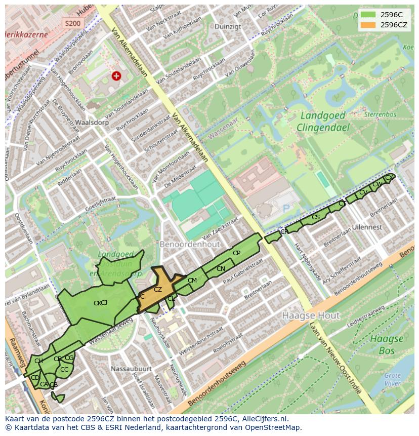 Afbeelding van het postcodegebied 2596 CZ op de kaart.