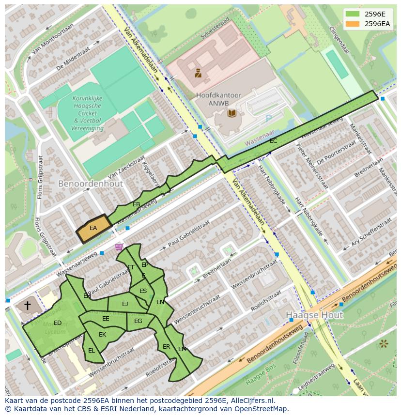 Afbeelding van het postcodegebied 2596 EA op de kaart.