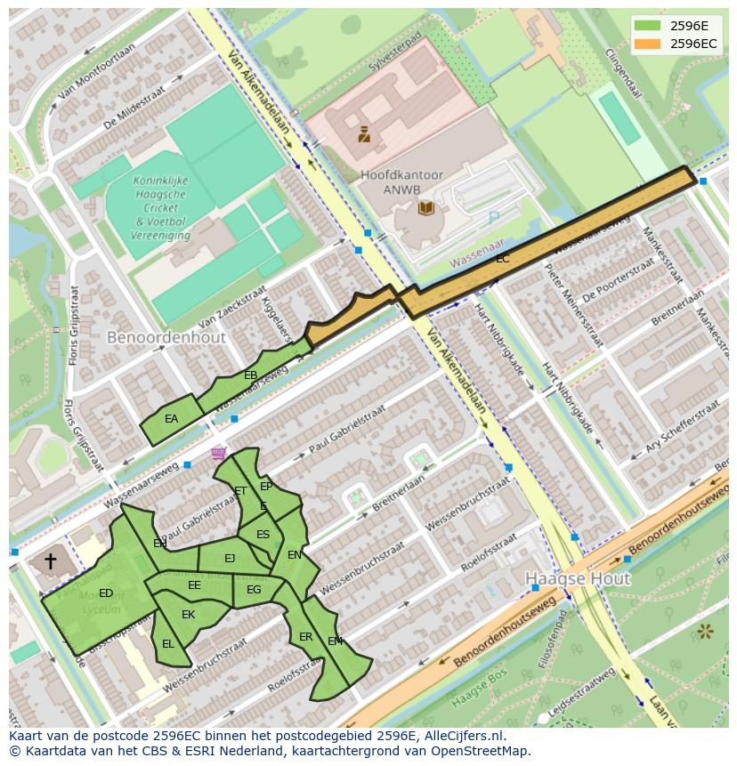 Afbeelding van het postcodegebied 2596 EC op de kaart.