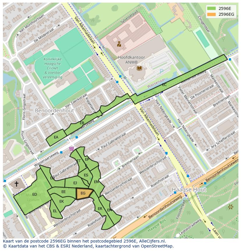 Afbeelding van het postcodegebied 2596 EG op de kaart.
