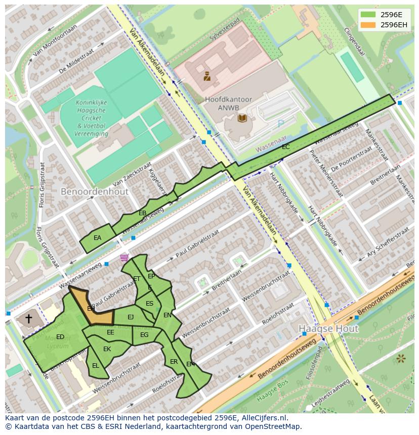Afbeelding van het postcodegebied 2596 EH op de kaart.
