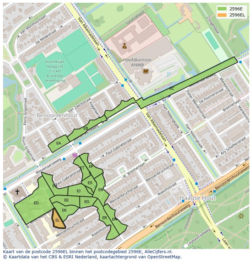 Afbeelding van het postcodegebied 2596 EL op de kaart.