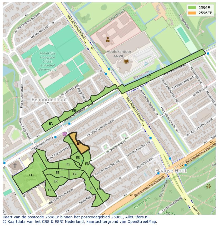 Afbeelding van het postcodegebied 2596 EP op de kaart.