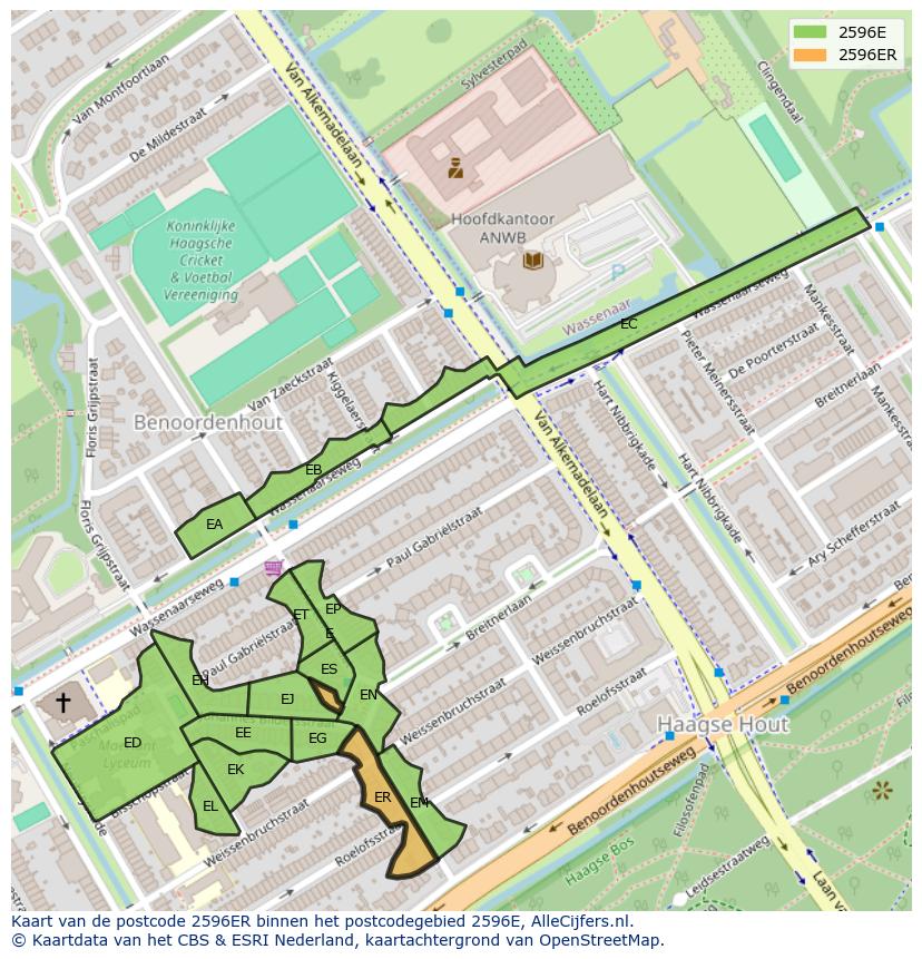 Afbeelding van het postcodegebied 2596 ER op de kaart.