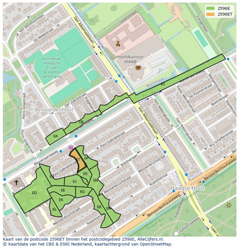 Afbeelding van het postcodegebied 2596 ET op de kaart.
