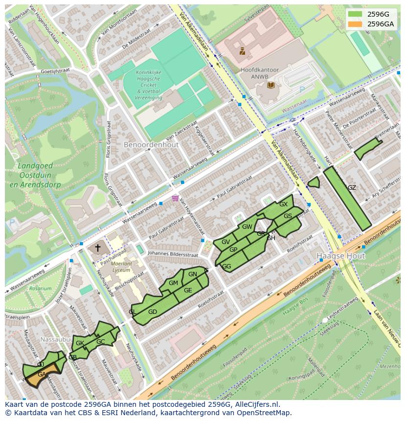 Afbeelding van het postcodegebied 2596 GA op de kaart.