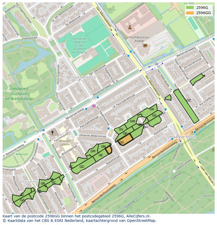 Afbeelding van het postcodegebied 2596 GG op de kaart.