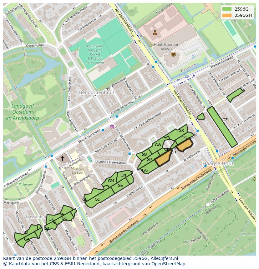Afbeelding van het postcodegebied 2596 GH op de kaart.