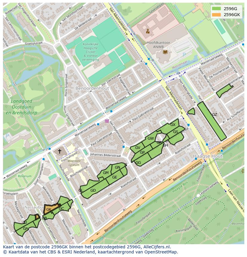 Afbeelding van het postcodegebied 2596 GK op de kaart.