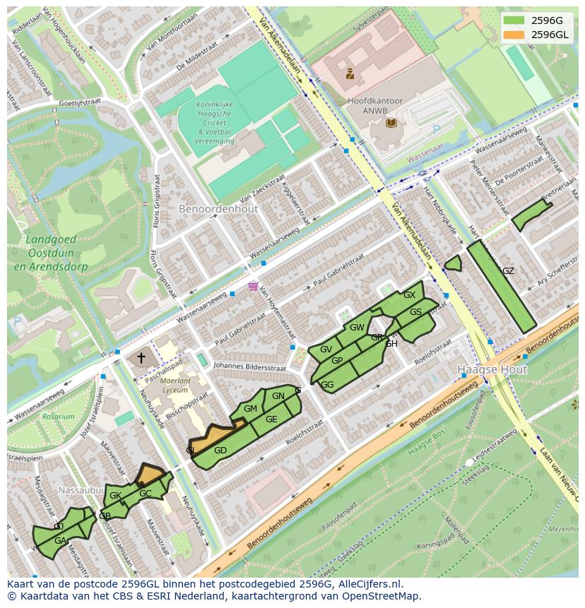 Afbeelding van het postcodegebied 2596 GL op de kaart.