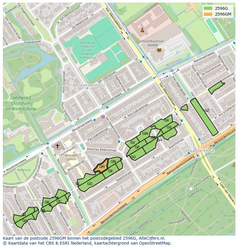 Afbeelding van het postcodegebied 2596 GM op de kaart.