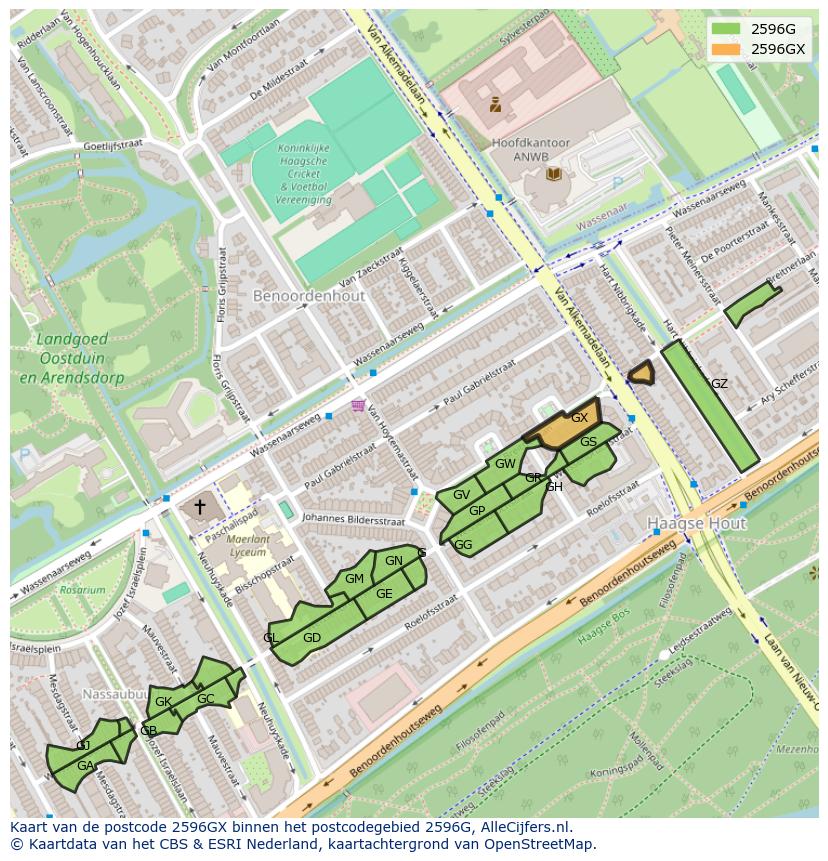Afbeelding van het postcodegebied 2596 GX op de kaart.