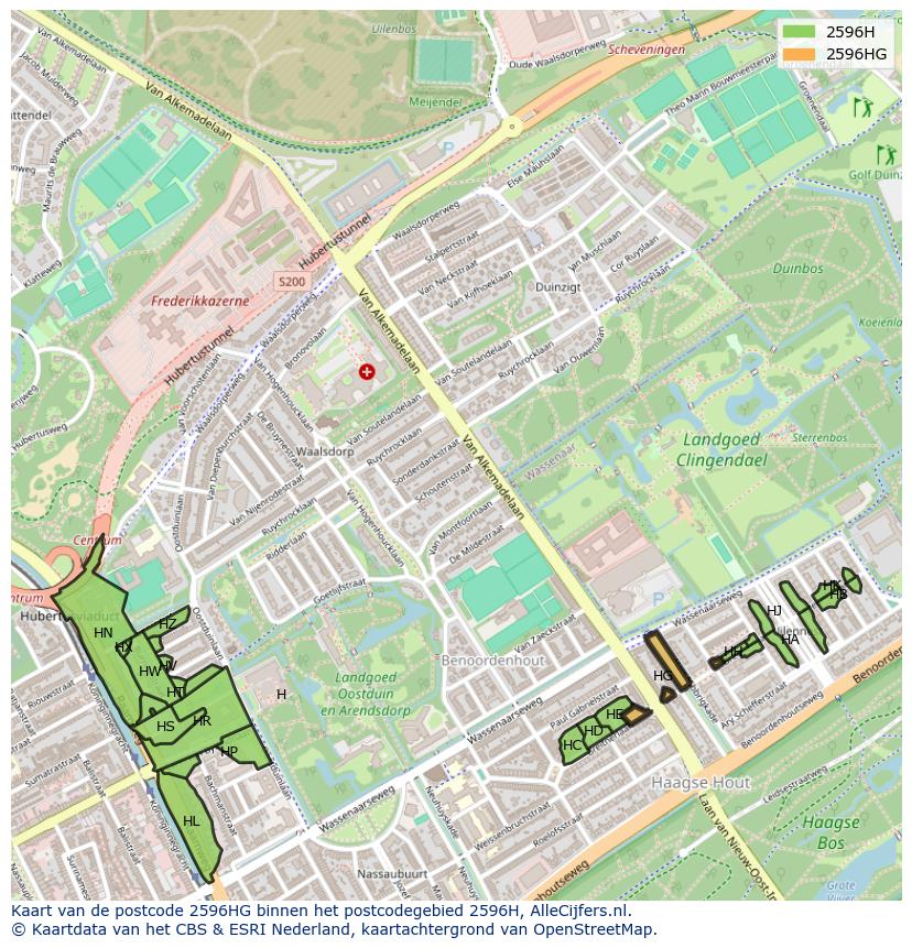 Afbeelding van het postcodegebied 2596 HG op de kaart.