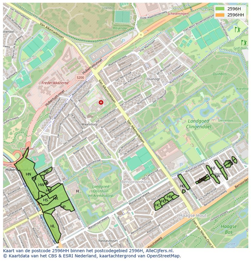 Afbeelding van het postcodegebied 2596 HH op de kaart.