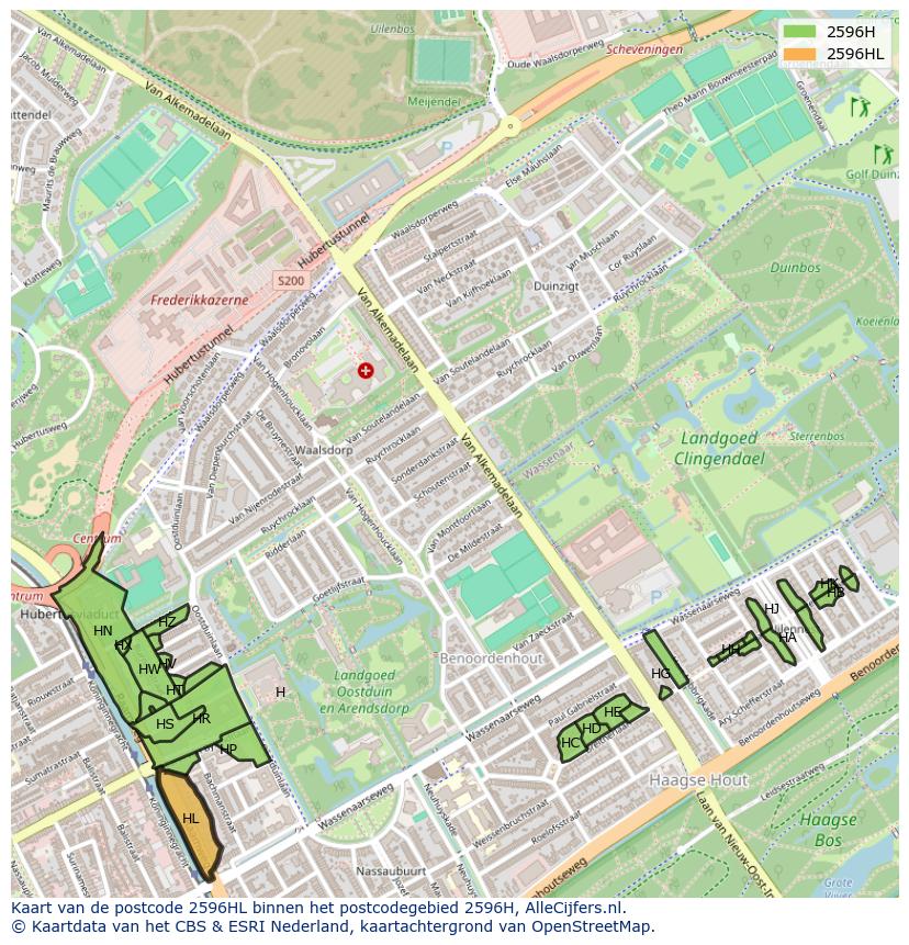 Afbeelding van het postcodegebied 2596 HL op de kaart.