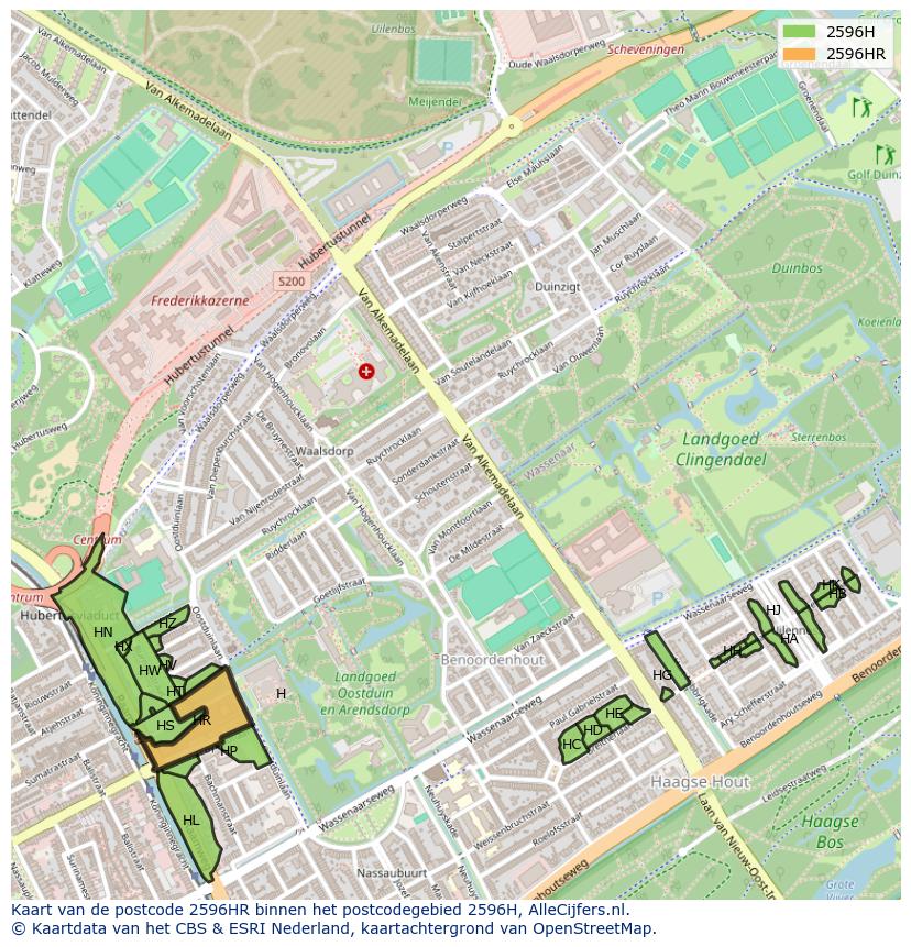 Afbeelding van het postcodegebied 2596 HR op de kaart.