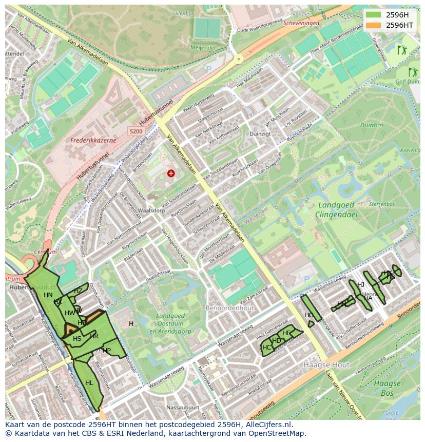 Afbeelding van het postcodegebied 2596 HT op de kaart.