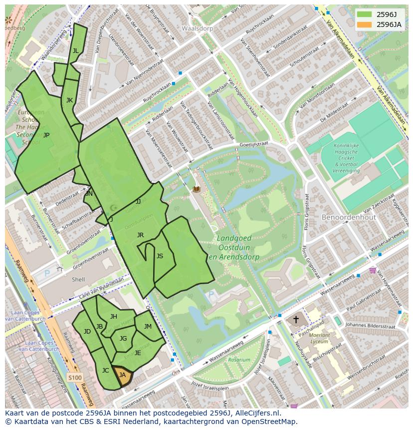 Afbeelding van het postcodegebied 2596 JA op de kaart.