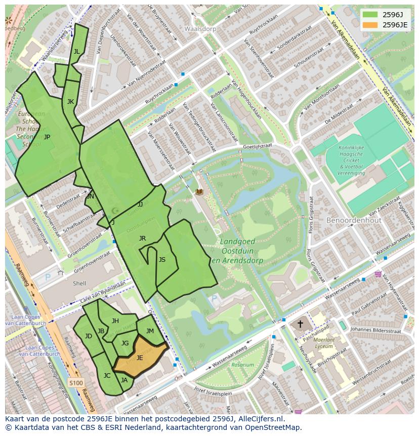 Afbeelding van het postcodegebied 2596 JE op de kaart.