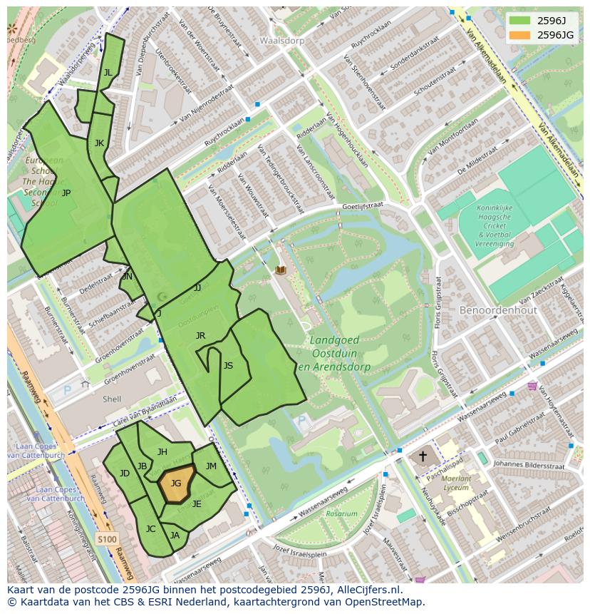Afbeelding van het postcodegebied 2596 JG op de kaart.