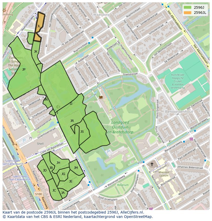 Afbeelding van het postcodegebied 2596 JL op de kaart.