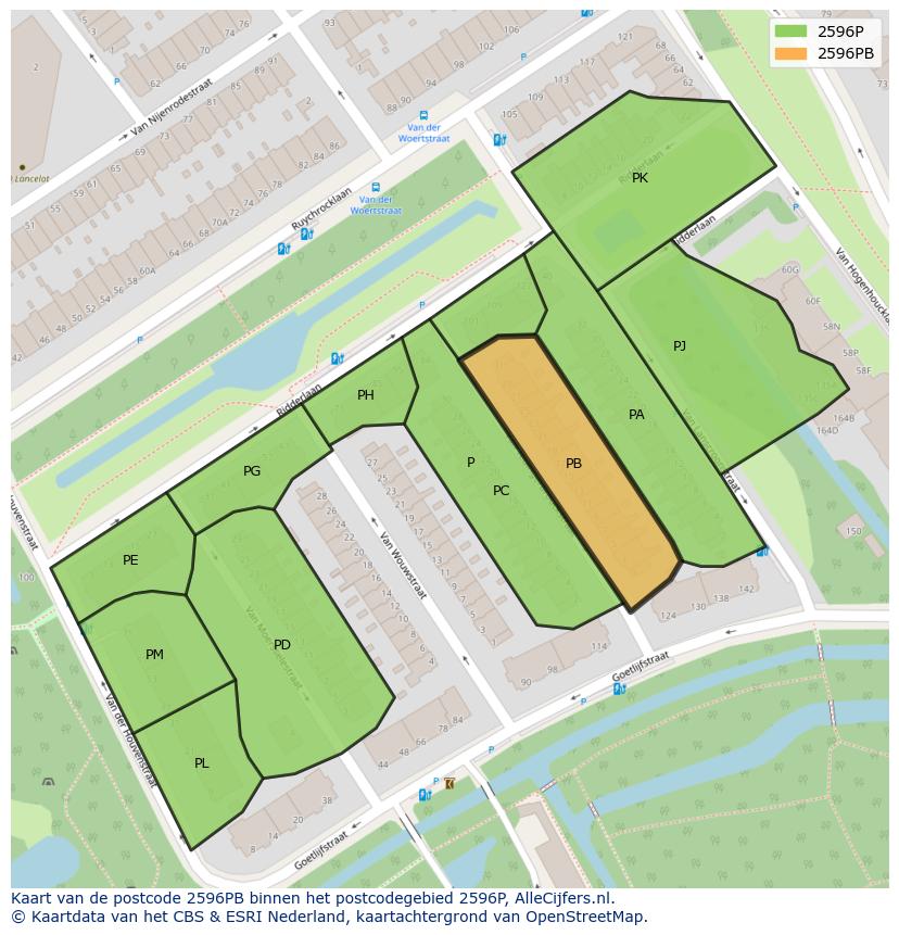 Afbeelding van het postcodegebied 2596 PB op de kaart.