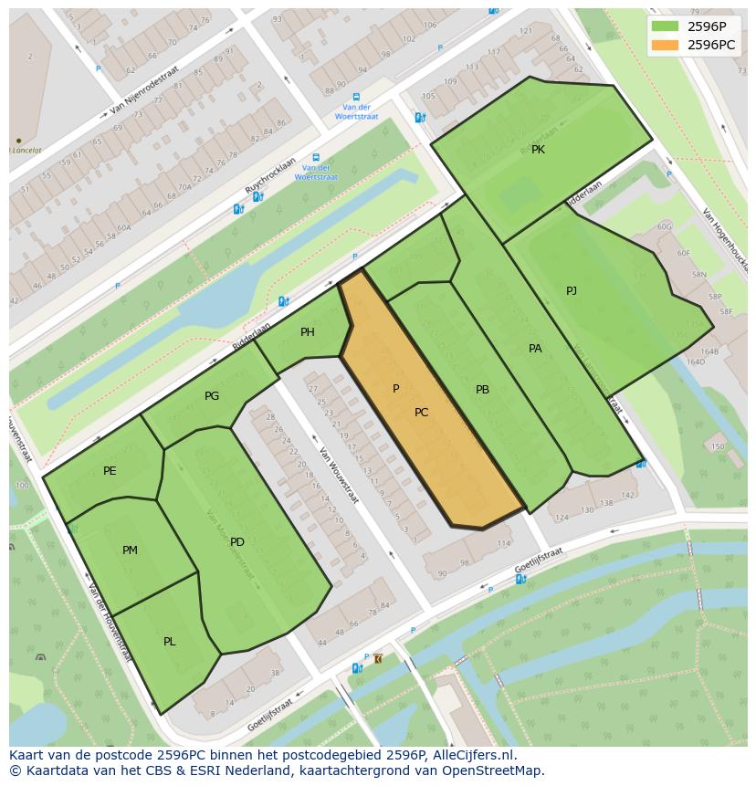 Afbeelding van het postcodegebied 2596 PC op de kaart.