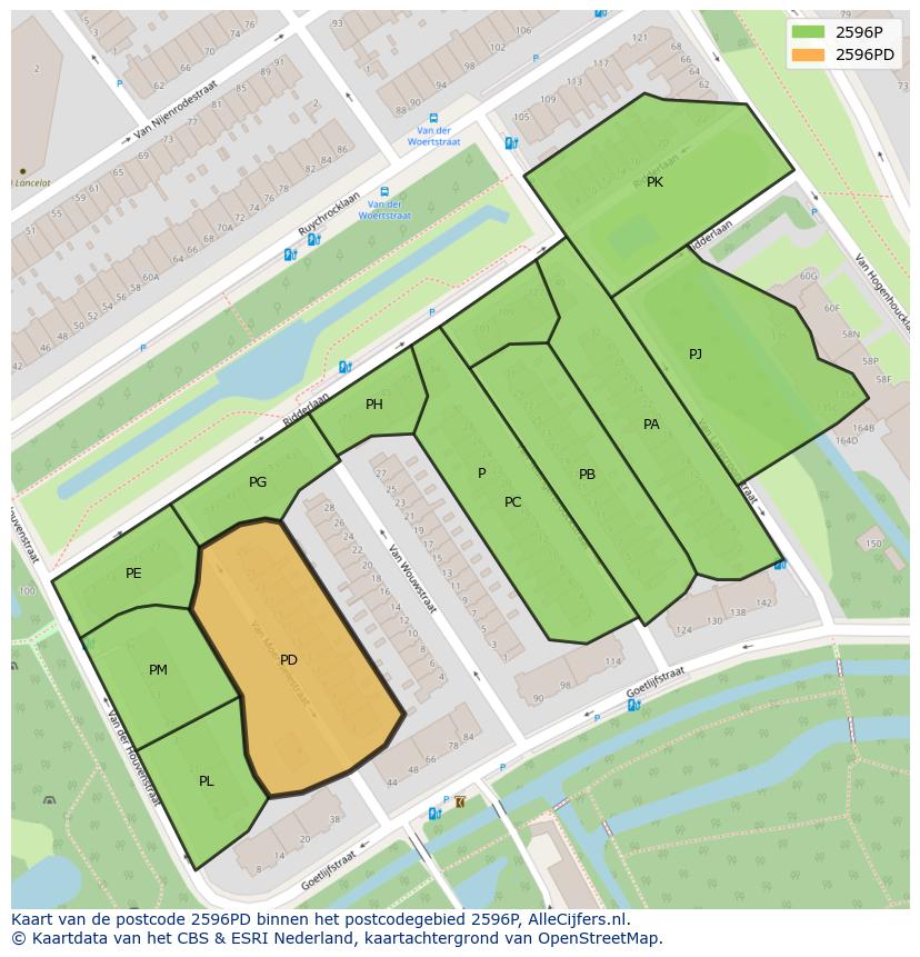 Afbeelding van het postcodegebied 2596 PD op de kaart.