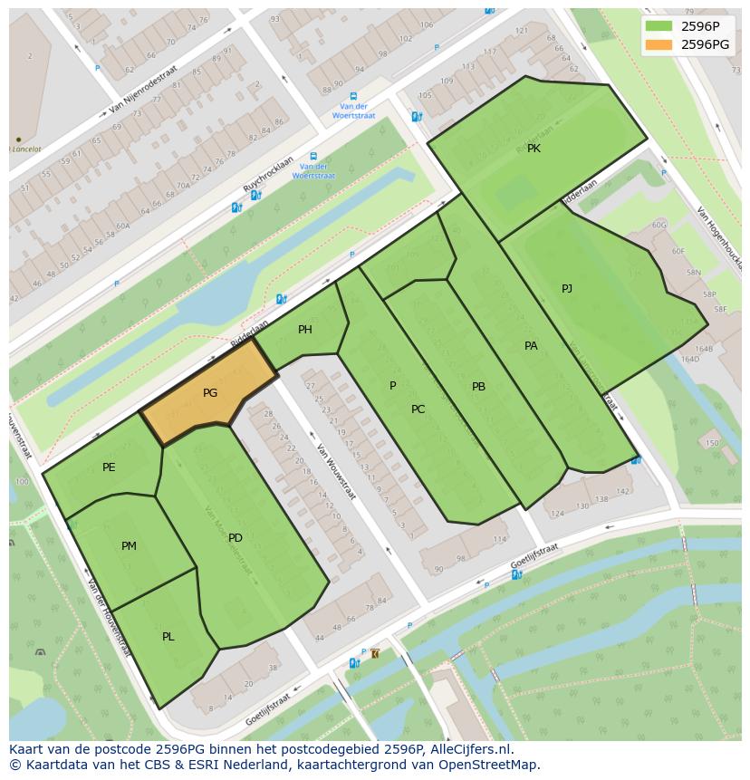 Afbeelding van het postcodegebied 2596 PG op de kaart.