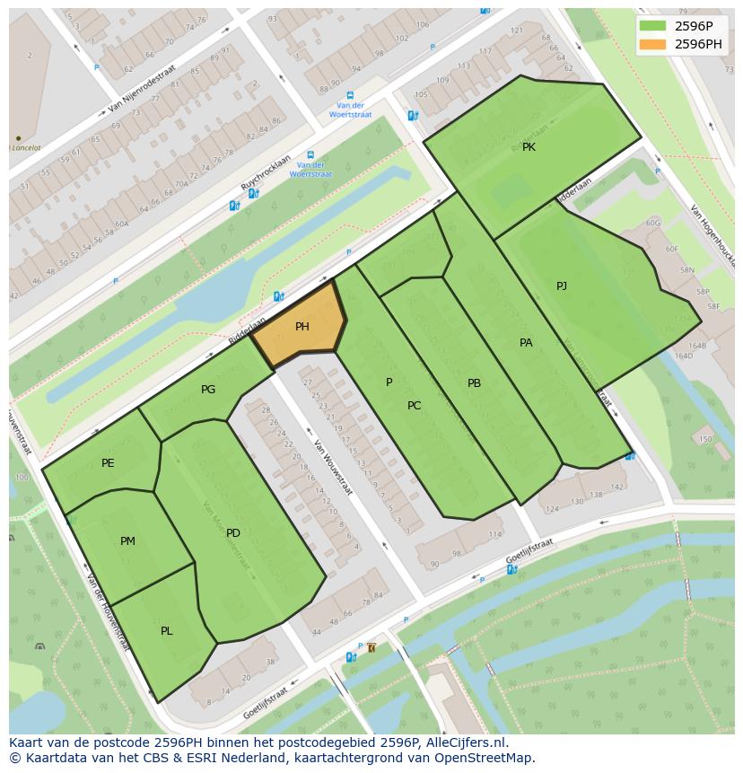 Afbeelding van het postcodegebied 2596 PH op de kaart.