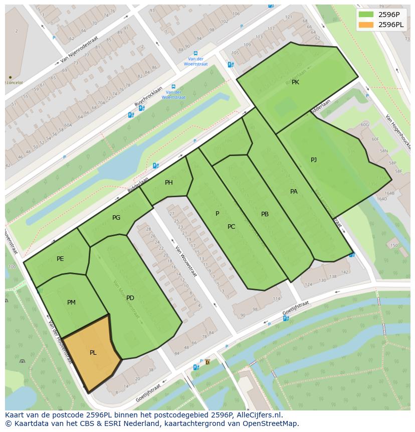 Afbeelding van het postcodegebied 2596 PL op de kaart.