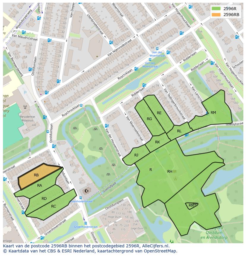 Afbeelding van het postcodegebied 2596 RB op de kaart.
