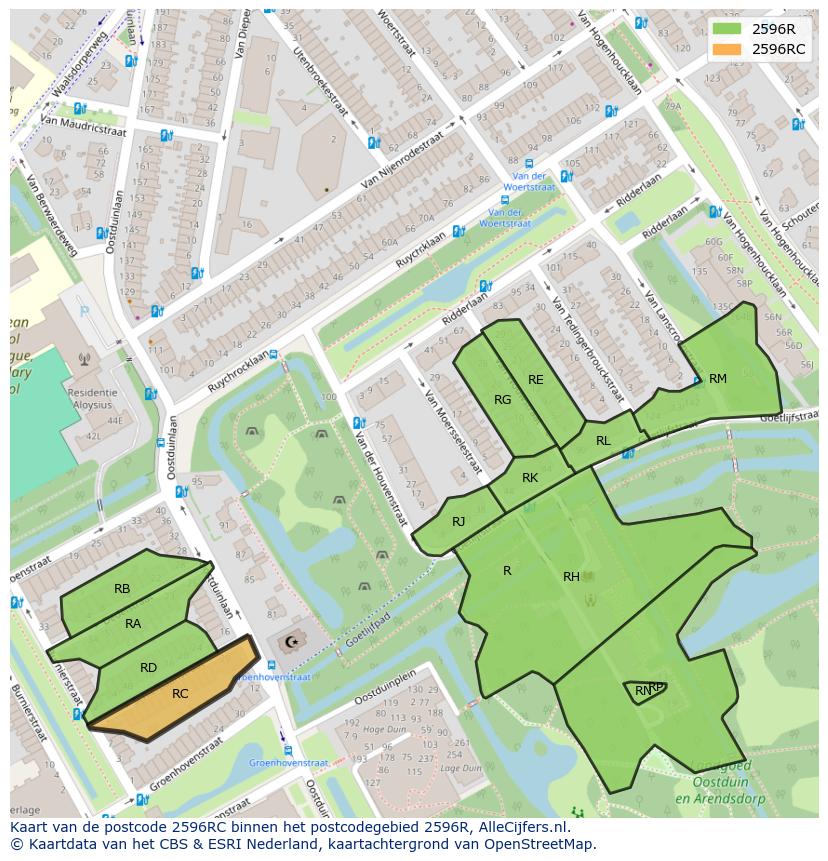 Afbeelding van het postcodegebied 2596 RC op de kaart.