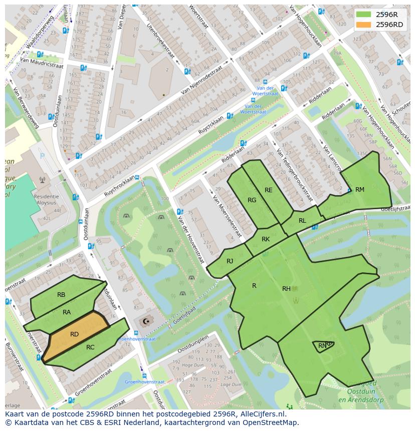 Afbeelding van het postcodegebied 2596 RD op de kaart.