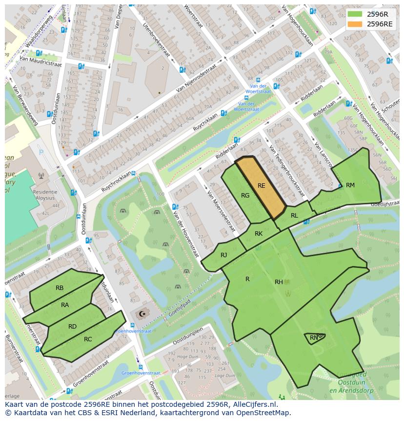 Afbeelding van het postcodegebied 2596 RE op de kaart.