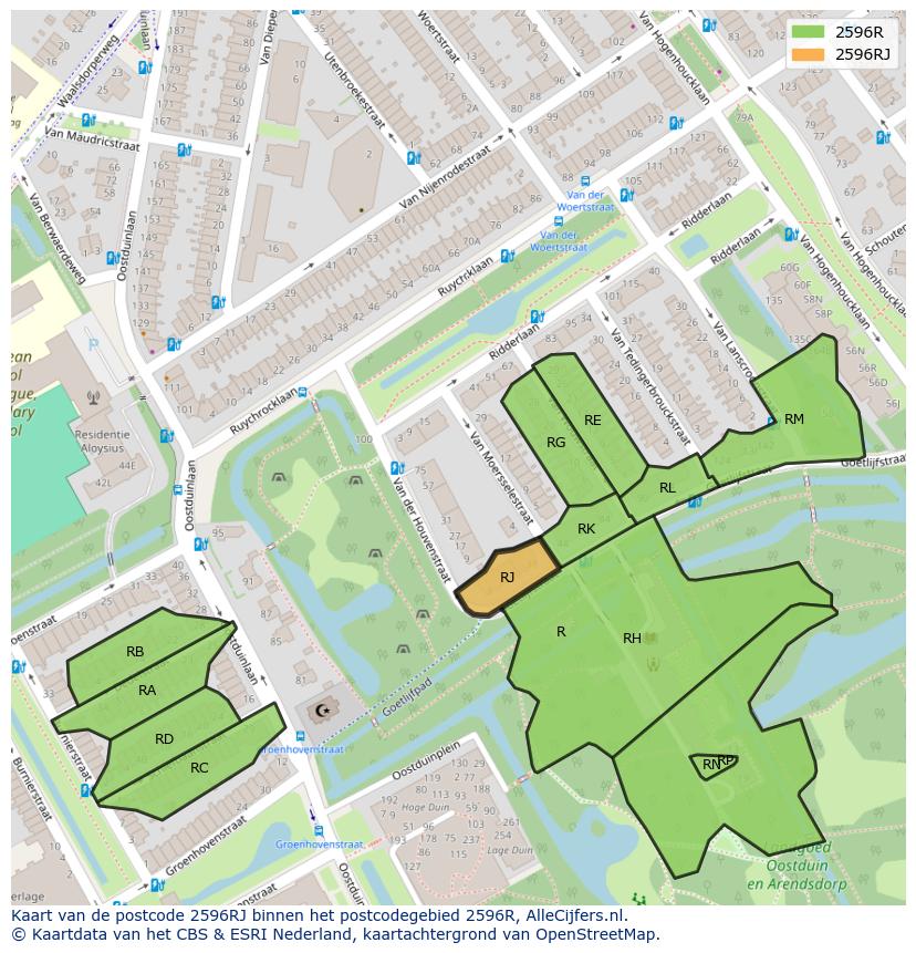 Afbeelding van het postcodegebied 2596 RJ op de kaart.