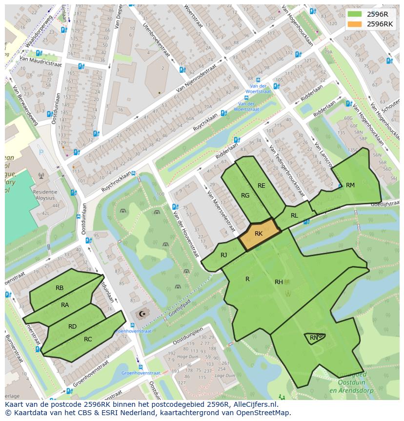 Afbeelding van het postcodegebied 2596 RK op de kaart.