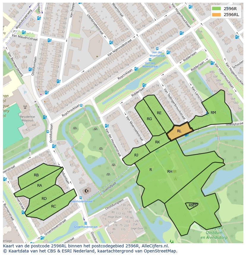 Afbeelding van het postcodegebied 2596 RL op de kaart.