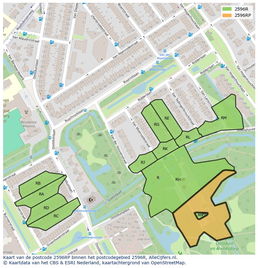 Afbeelding van het postcodegebied 2596 RP op de kaart.