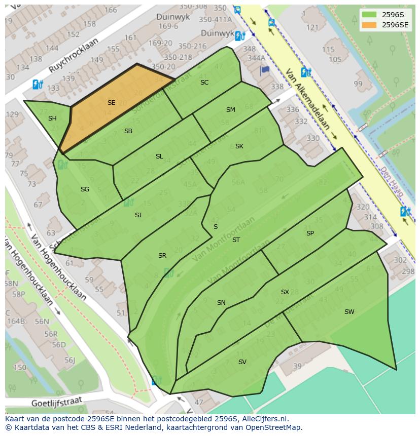 Afbeelding van het postcodegebied 2596 SE op de kaart.